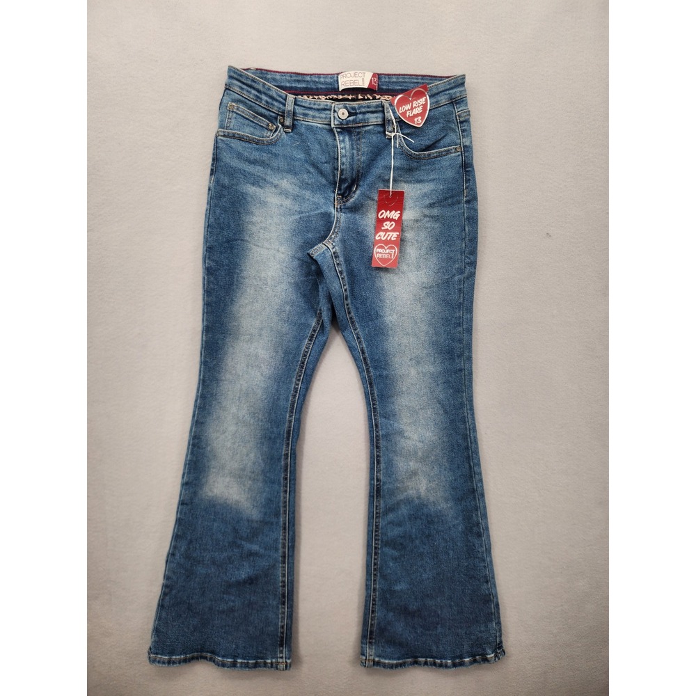 Project Rebel Low Rise Flare Jeans Size 13 Medium Wash Y2K Leopard Trim NWT